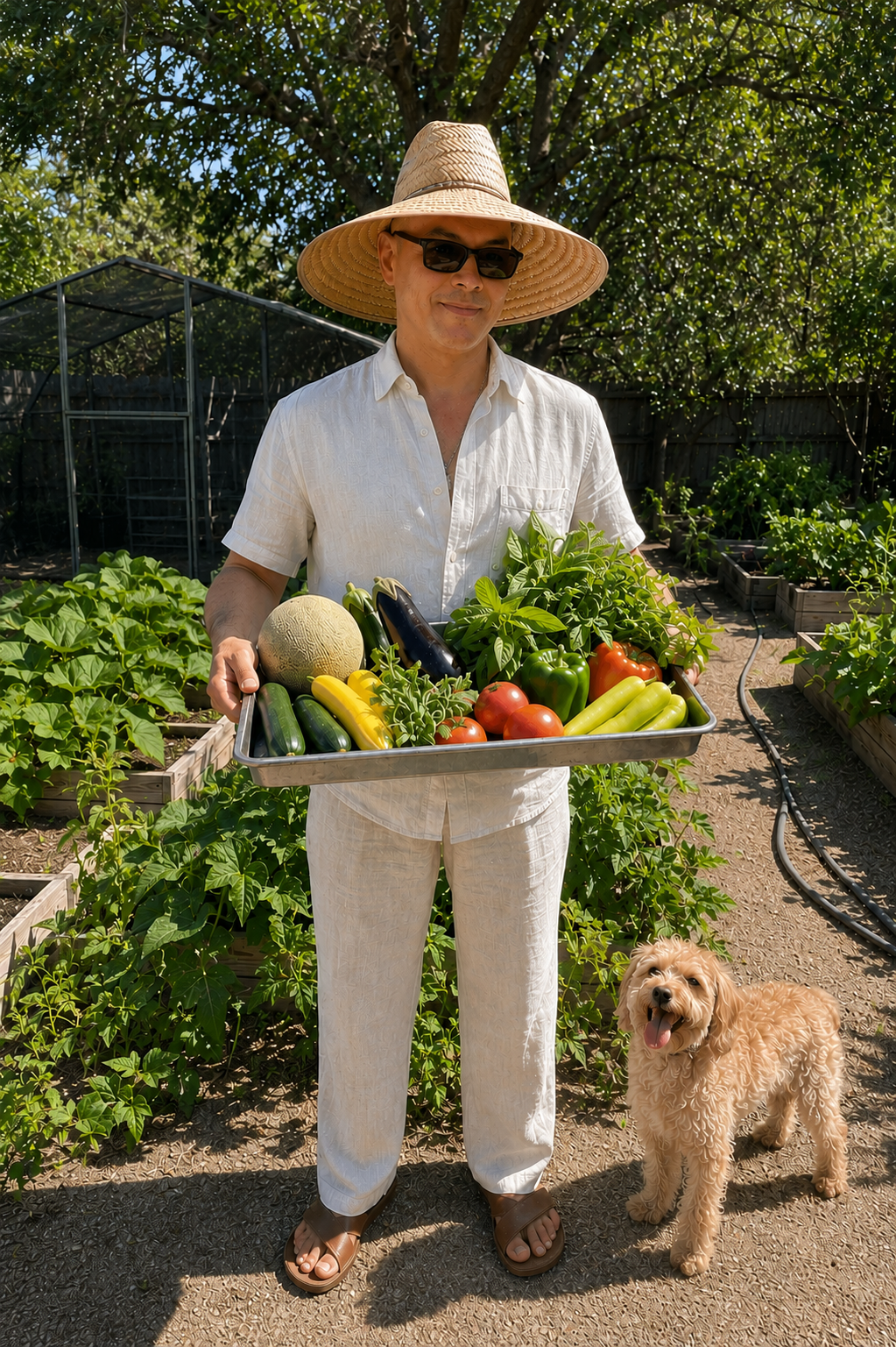 Martin gardening among plants, containers, and raised beds