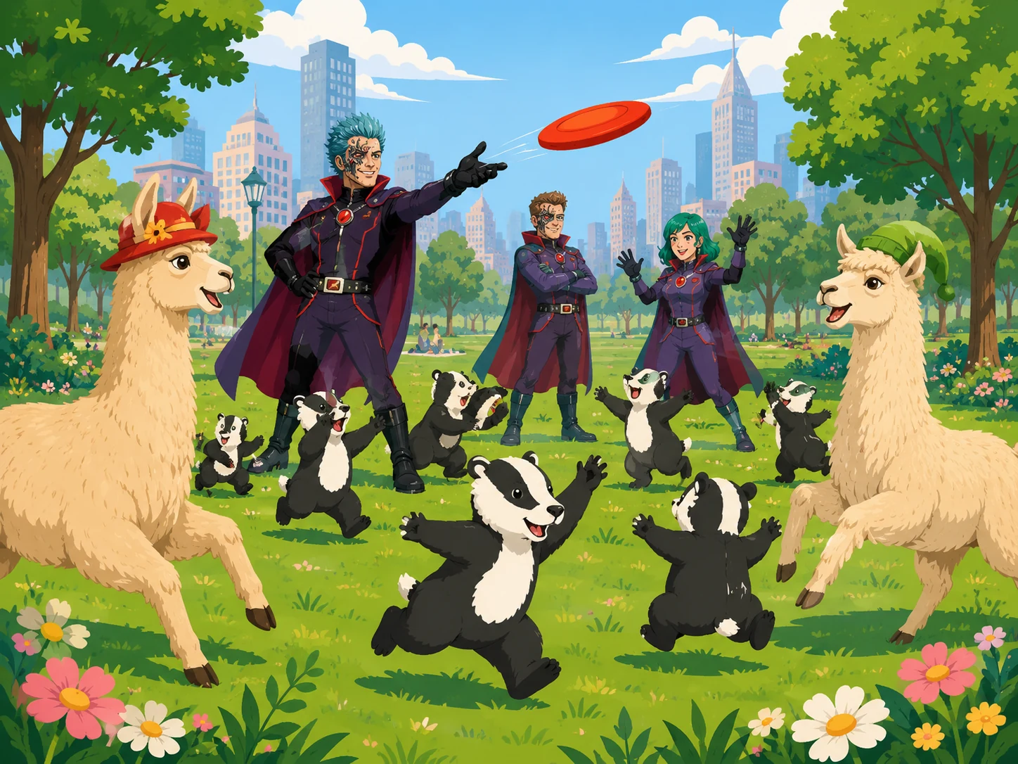 Editorial illustration inspired by internet memes in a public park