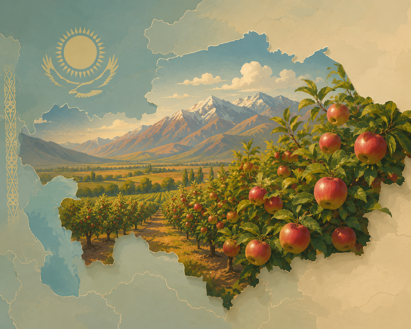 Kazakhstan landscape and wild apple history shown in an editorial collage