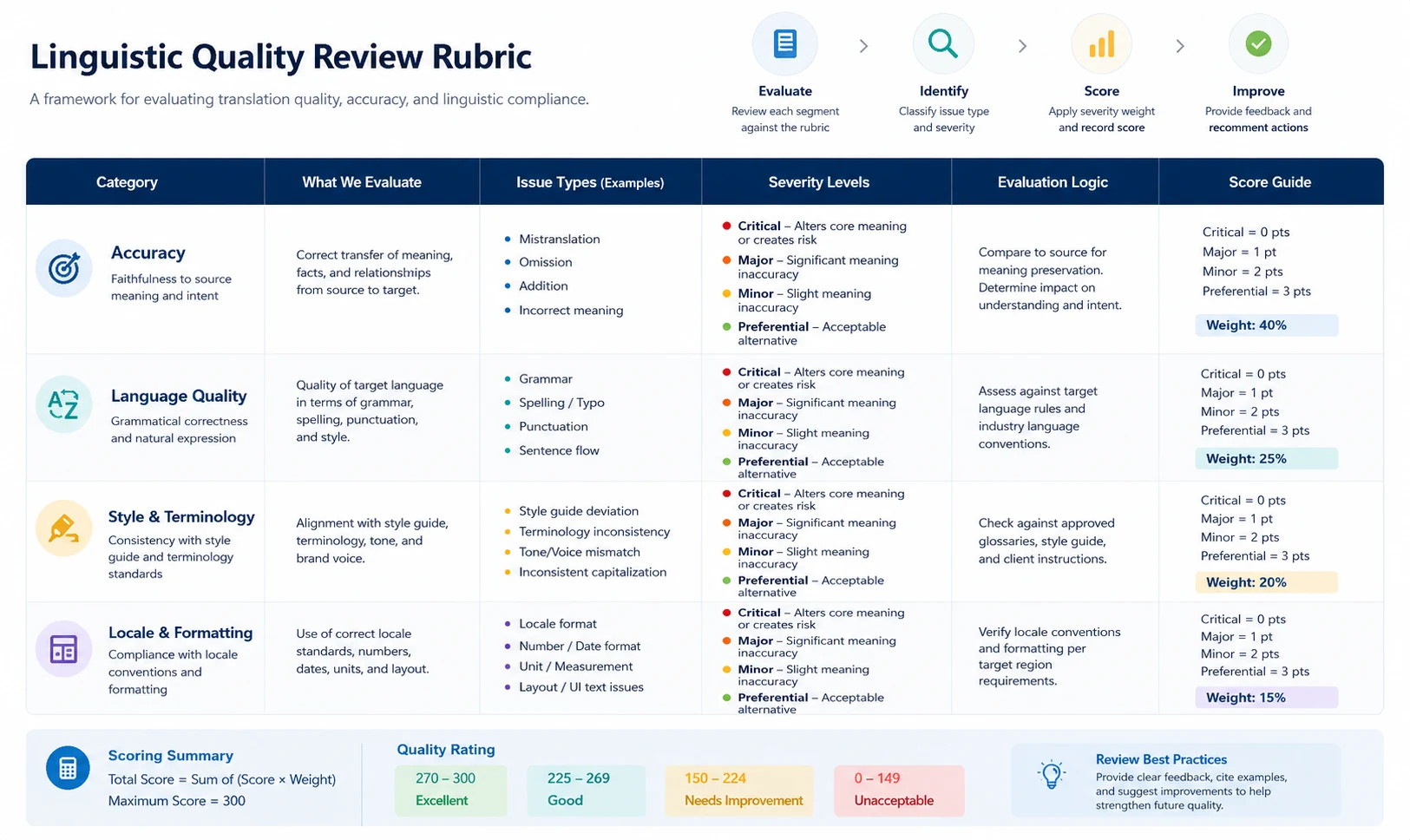 Structured translation quality rubric and review workflow