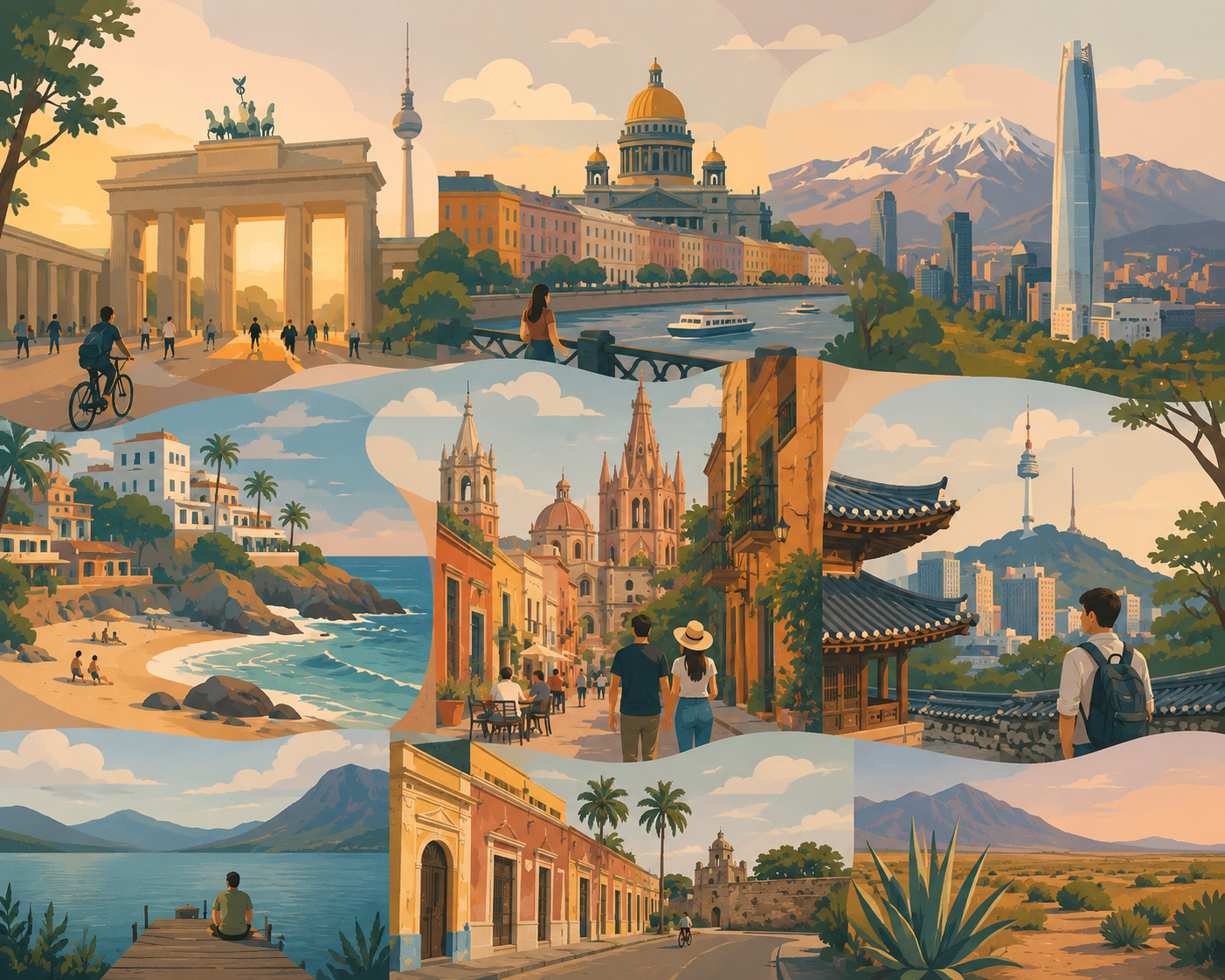 Travel photographs and cultural experiences arranged in a visual collage